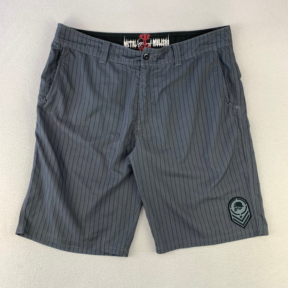 Vintage Metal Mulisha Shorts Mens 38 Gray Pinstripe Moto Skate Biker Y2K Baggy